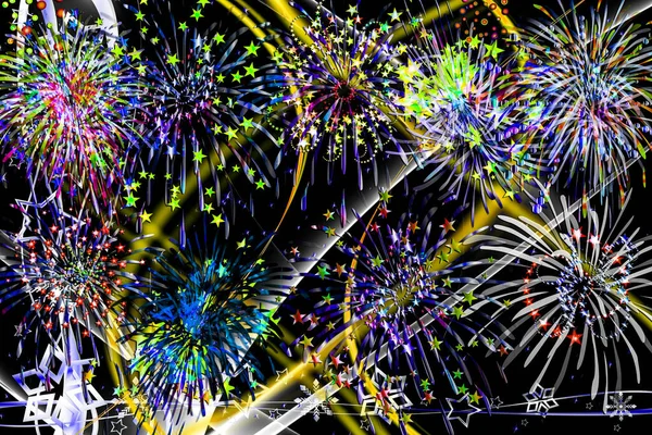 Fireworks Abstract Background Black Gold Silver Red Blue Yellow Pink — Stock Photo, Image