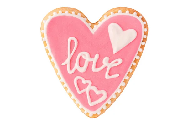 Pink Heart Cookie Text Love Icing Isolated White Flat Lay — Stok fotoğraf