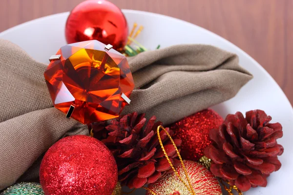 Christmas decorations in white bowl. — Stock Photo, Image