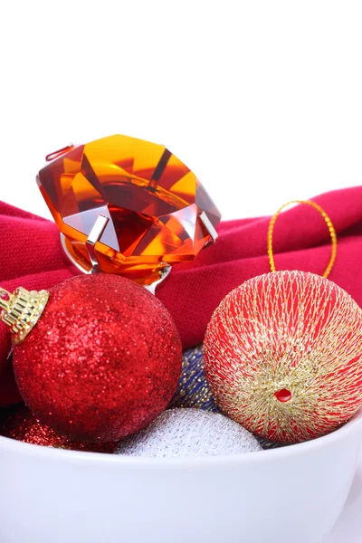 Christmas decorations in white bowl. — Stock Photo, Image