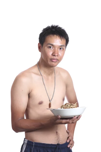 Male torso, holding white plates — Stock Photo, Image