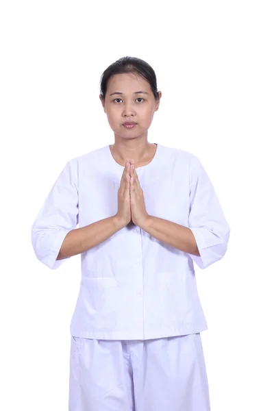 Mulher bonita de pé em posição de oração, meditando — Fotografia de Stock
