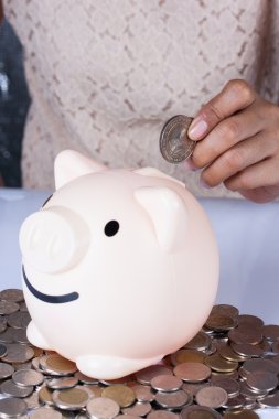 돼지 저금통에 동전을 넣어 손
