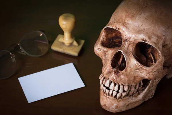 Blank card and human skull. — Stock Photo, Image