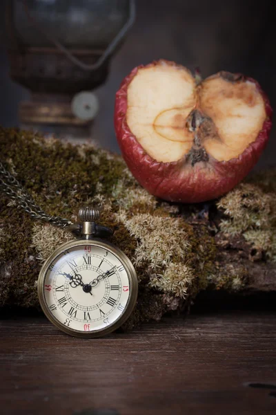 Vecchio orologio su vecchio albero con muschio . — Foto Stock