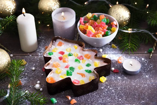 Christmas Cake Form Christmas Tree Wooden Background Top View Holiday — Stock Photo, Image