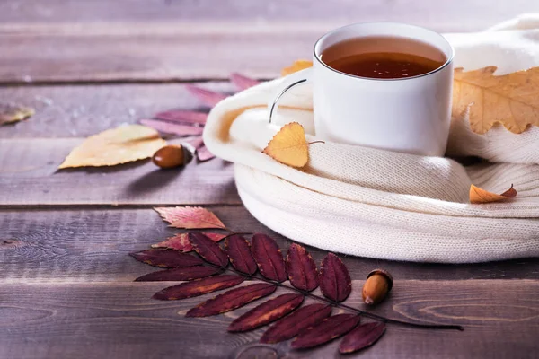 秋のシーズンのコンセプトは 美しい秋の組成 素朴な木のテーブルの上に秋の葉を持つティーカップ 自然背景 ロイヤリティフリーのストック画像