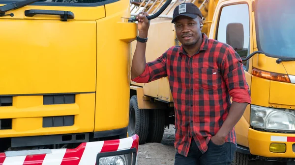 Portrait African Men Happy Smiling Confident Positive Standing Lorry Young — Stock Photo, Image