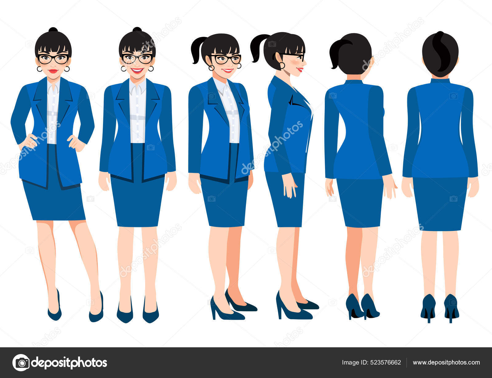 Cartoon character business woman bright navy blue color suit animation