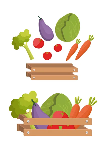 蔬菜向量和木制篮子与蔬菜农场扁平图标样式向量 — 图库矢量图片
