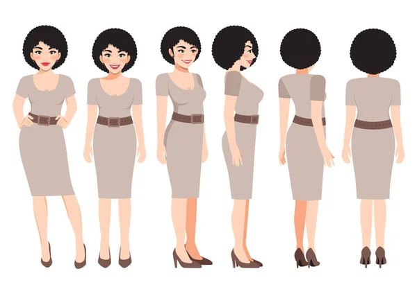 卡通人物与商业女性在卡其色连衣裙动画 4视图字符 平面矢量图解 — 图库矢量图片