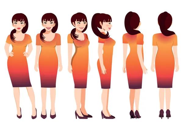 Postać Kreskówek Kobietą Biznesu Sunset Gradientowy Kolor Sukienka Animacji Przód — Wektor stockowy