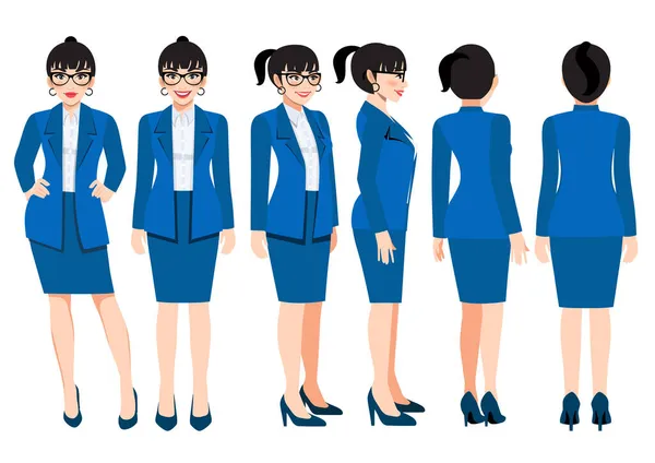 Zeichentrickfigur Mit Geschäftsfrau Leuchtend Marineblauem Anzug Für Animation Vorderseite Seite — Stockvektor