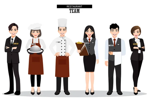 Bir Grup Otel Restoran Ekibi Yemek Servisi Karakterleri Üniforma Içinde — Stok Vektör