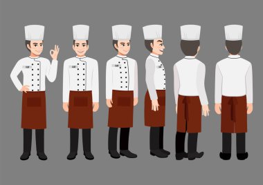 Çizgi film karakteri. Animasyon için üniformalı profesyonel şef. Ön, yan, arka, 3-4 görüntü karakteri. Düz vektör illüstrasyonu