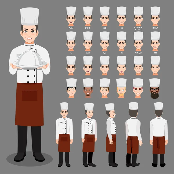 Zeichentrickfigur Mit Professional Man Chef Uniform Für Animation Vorderseite Seite — Stockvektor
