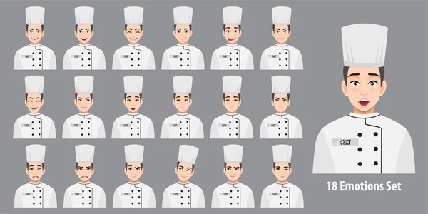 Homem Profissional Chef Uniforme Com Diferentes Expressões Faciais Conjunto Isolado — Vetor de Stock