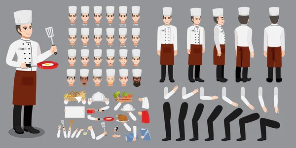 Szakmai Man Chef Rajzfilm Karakter Egységes Létrehozása Készlet Különböző Nézetek — Stock Vector