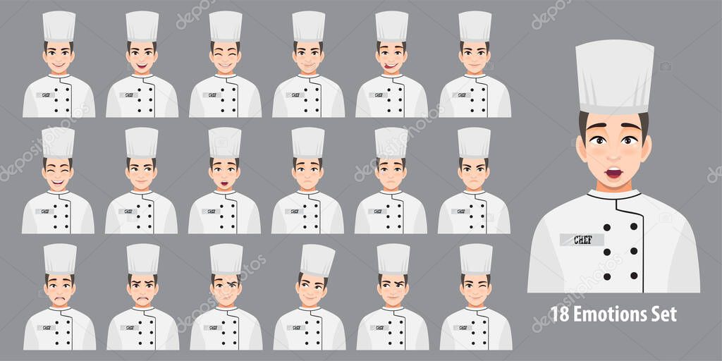 Professional Man Chef in uniform with different facial expressions set isolated in cartoon character style vector illustration