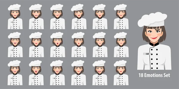 Professionelle Köchin Uniform Mit Unterschiedlichem Gesichtsausdruck Isoliert Cartoon Charakter Vektor — Stockvektor