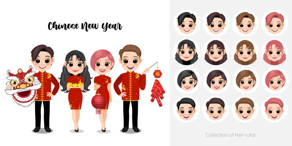 Chinese New Year Kids Holding Dragon Head Orange Lantern Cracker — Wektor stockowy