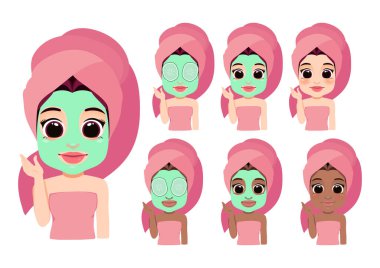 Yüz maskeli, salatalık gözü bantlı, düz simge tasarımı vektörlü, rahatlatıcı kız seti..