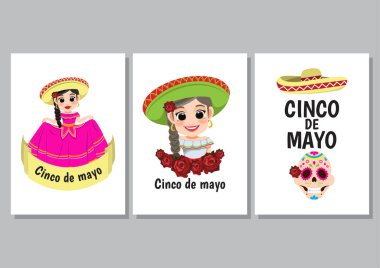 Cinco de Mayo - 5 Mayıs, Meksika 'da federal tatil. Çizgi film karakter vektörü Cinco de Mayo pankartı ve kart tasarımı