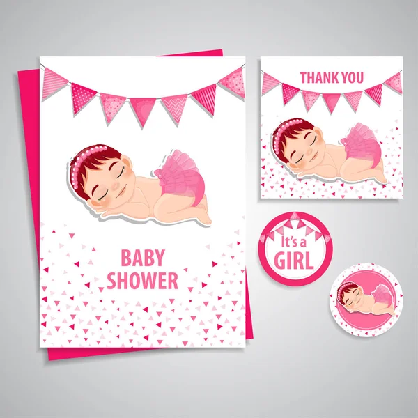 Modelo Convite Tema Menina Chuveiro Bebê Baby Girl Sleeping Cartoon —  Vetores de Stock