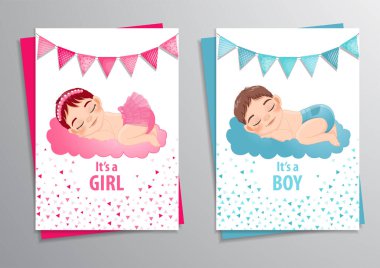 Bebek Duşu Kızı ve Erkek Temalı Davetiye Şablonu, Bebek Uyuyan Çizgi Film Karakteri Tasarım Vektörü