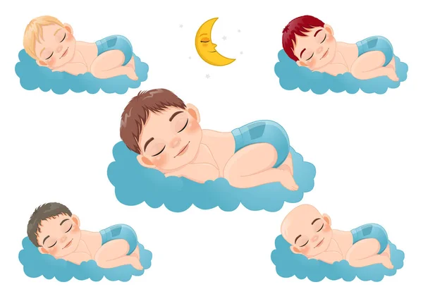 Baby Boy Durmiendo Nube Cielo Colección Caricatura Personaje Vector — Vector de stock