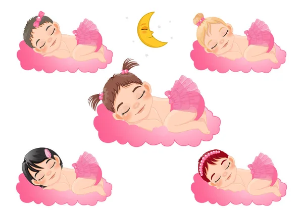 Bebê Menina Dormindo Coleção Desenho Animado Personagem Vetor — Vetor de Stock