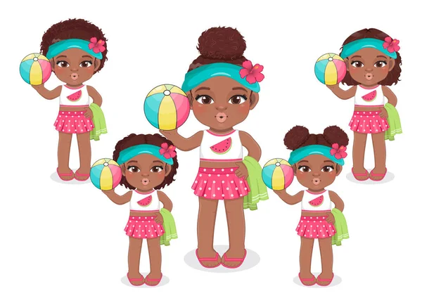 暑假的海滩黑人女孩 持有彩色球体卡通人物设计矢量的美国非洲儿童 — 图库矢量图片