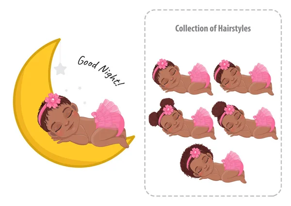 Black Baby Girl Sleeping Collection Cartoon Character Vector - Stok Vektor