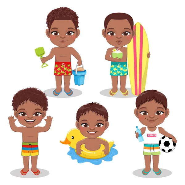 Grupo Chicos Negros Jugando Playa Las Vacaciones Verano Vector Fondo — Archivo Imágenes Vectoriales