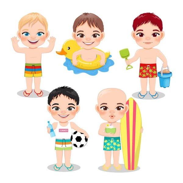 Skupina Chlapců Hrajících Pláži Letních Prázdninách Bílém Pozadí Vektoru — Stockový vektor