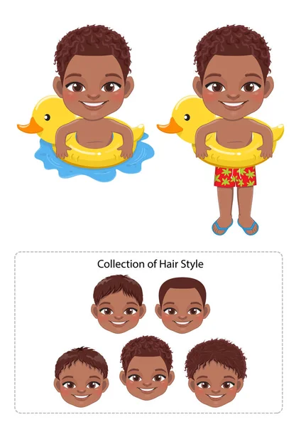 Summer American African Boy Duck Inflatable Ring Cartoon Vector - Stok Vektor