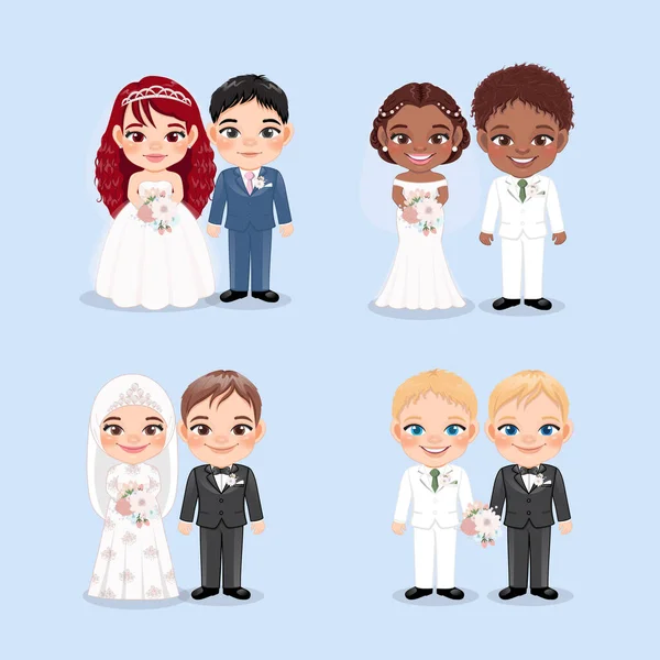 Set Aus Verschiedenen Brautpaaren Oder Muslimischen Hochzeiten American African Wedding — Stockvektor