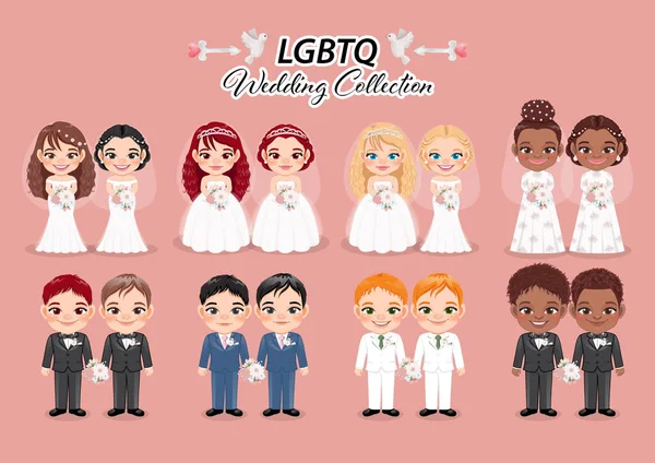 Zestaw Lesbijskich Gejowskich Par Nowożeńców Płaska Ilustracja Lgbtq Wedding Collection — Wektor stockowy