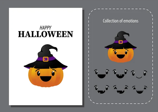 Halloween Card Pumpkin Wearing Witch Hat Emotion Happy Face Collection — Wektor stockowy