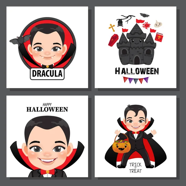 Set Cute Halloween Card Template Dracula Cartoon Character Birthday Cards — Wektor stockowy