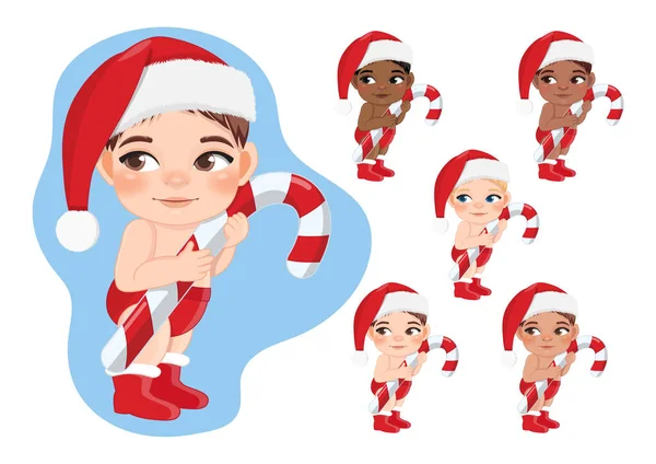 Набор Cute Cartoon Boys Red Diaper Santa Hat Holding Candy — стоковый вектор