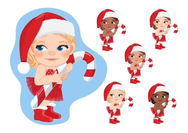 Набор Cute Cartoon Girls Red Diaper Santa Hat Holding Candy — стоковый вектор