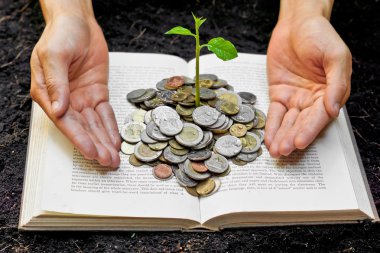Hands caring tree growing from books with coins