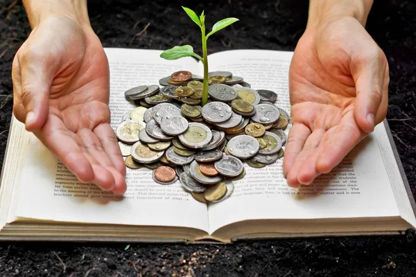 Hands caring tree growing from books with coins — Stock Photo, Image