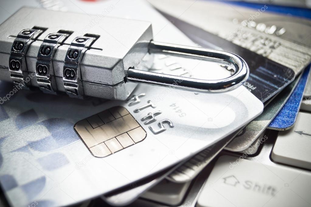 Lock and credit cards on keyboard