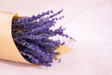 Fotokopi alanı açık arkaplanda lavanta çiçekleri. Metin için yeri olan bir buket menekşe çiçeği.