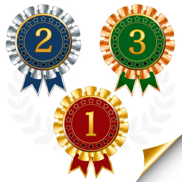 Vector set of red, blue and green award badges with silver and g — Stock Vector