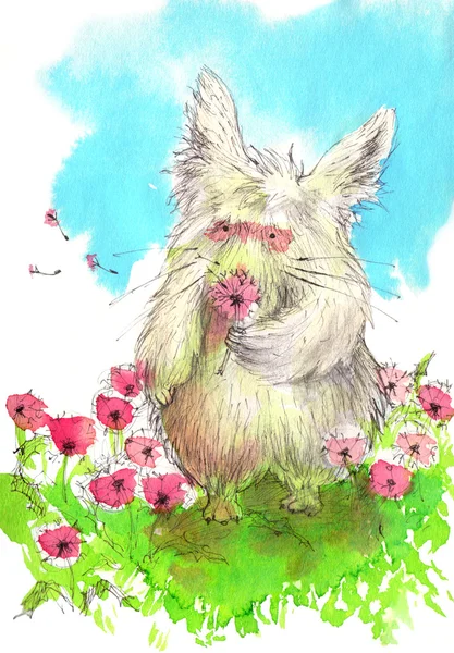 suluboya çizimi. şirin tüylü canavar çiçek alanı.