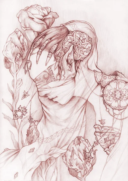 Dziewiczy portret elfa z kwiatami. — Zdjęcie stockowe