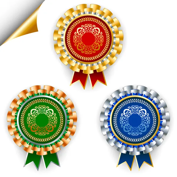 Tres insignias de cinta de premio de vector de color para 1, 2 y 3 lugares . — Archivo Imágenes Vectoriales